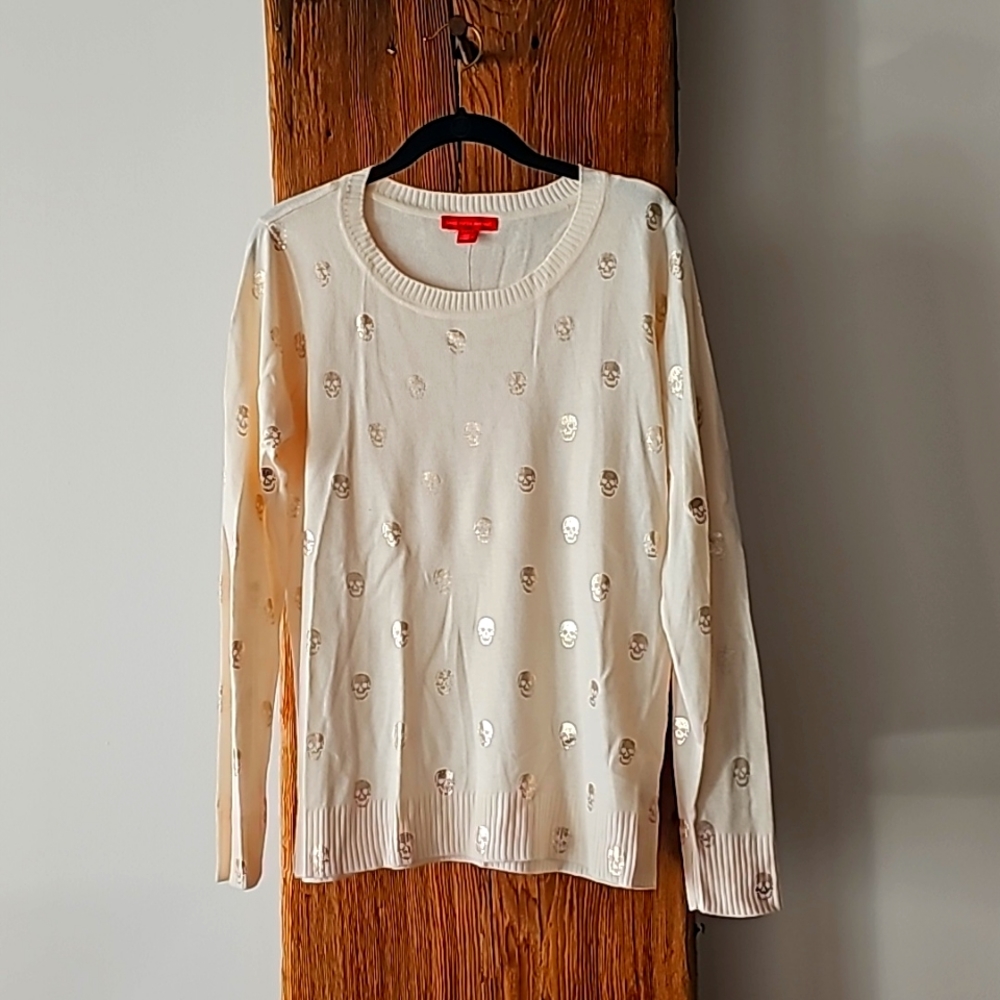NWT Saks Fifth Ave Skull 💀 Skully Sweater Gold Foil and Cream Size Large